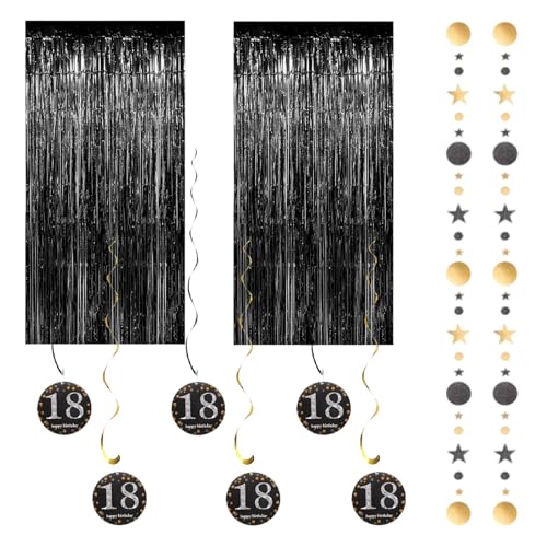 Decoración de cumpleaños cortina 2 piezas 3,2x8,2 pies negro metálico con guirnaldas estrella círculo 6 espirales doradas negras y 6 tarjetas numéricas para fondo fiesta aniversario celebrac