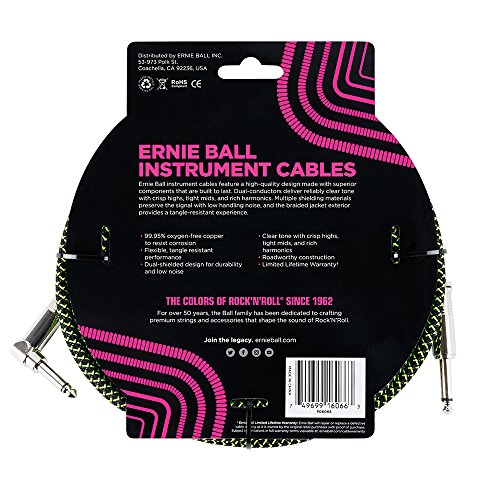 Image of Ernie Ball Braided Instrument Cable, Straight /Angle, 25ft, Neon Green /Black (P06066)