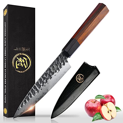 Image of 5.5 Inch Paring Knife Handmade Forged Pro Japanese Sharp AUS10 High Carbon 3-layer Vegetable Fruit Knife,Professional Kitchen Small Petty Knife (Rosewood Handle & Gift Box & Sheath)