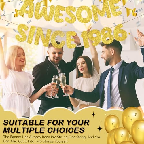Image of Fulmoon Pre-strung Awesome Since 1986 Banner Glitter Happy 40th Birthday Banner Funny 40th Birthday Decorations 1986 Party Decorations for Men Women Anniversary(Gold)