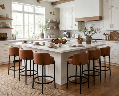 Image of CIMOTA Bar Stools Set of 6, PU Leather Counter Height Barstools with Low Back and Black Thickened Metal Legs, 26 Inch Modern Island Chairs for Kitchen Island, Bar(Brown, 6Pcs 26 inch Counter Stools)