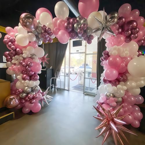 Image of Pink Winter Wonderland Balloons, 60PCS Pearl White & Pink Double Stuffed Balloons, Metallic pink Silver and Snow Balloon for Princess Ice Wonderland Baby Shower Christmas Birthday Party Decorations