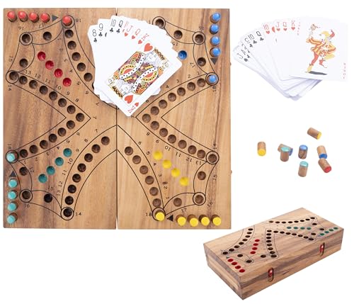Engelhart - 350261 - Jogo de tabuleiro de madeira - 4 jogadores - caixa de madeira ecológica - jogo de tabuleiro tradicional canadense - jogo de tabuleiro com cartas - 2 a 4 jogadores