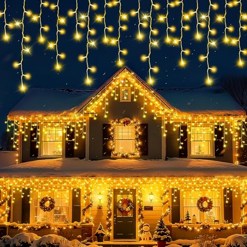 Pluie de glace blanc chaud et guirlande lumineuse de Noël pour toit extérieur