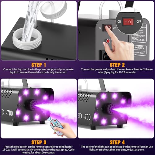 Image of 700W Smoke Machine, Fog Machine with 14 Colorful LED Lighting Effect, Wireless Remote Controlled Fogger Machine, Perfect for Wedding, Halloween, Party, Evemts, 2 PACK