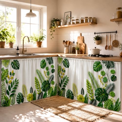 Image of Under Sink & Counter Curtain for Modular Kitchen - Printed Fabric Rod Pocket Hanging Skirt, Washable Under-Counter Cover, Pack of 2 Panels (Each Panel: 150 x 70 cm) (Green Pear)