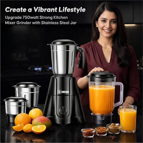 Image of Havok Z Black Edition 750W Juicer Mixer Grinder with 4 Stainless Steel Jars | Multi-Purpose Kitchen Appliance for Grinding & Juicing