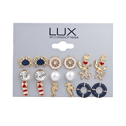 Lux Accessories Gold Tone Crystal Pearl Red White Blue Nautical Earring Set3