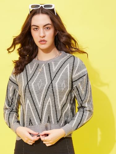 Image of Modeve Self Design Round Neck Casual Women Crop Top Sweater||Winterwear||