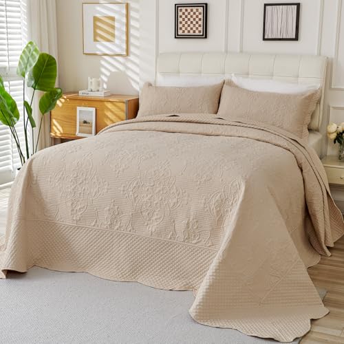 Image of EVENHUG Oversized King Bedspreads California King Quilt Set with Pillow Shams Extra Wide Large King Size Quilts Lightweight Coverlet Bedding Sets Beige 120 inchx120 inch