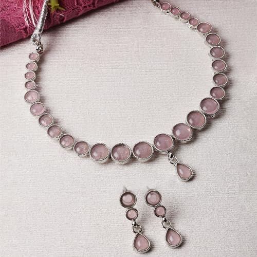 Oxidised Silver-Plated Round American Diamond Necklace Set