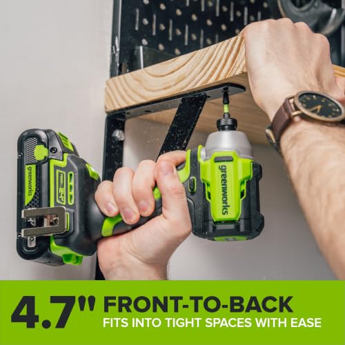 Image of Greenworks 24V Brushless Cordless Impact Driver (1900 in-lbs.), 1 /4 inch Hex Collet, 2.0Ah(12,000mAh Power Bank) USB-C Battery, 30W USB-C Charger & 3FT Braided Cable, 10PC Double-Sided Impact Bit Set