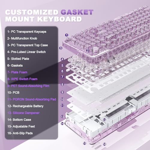 Image of YUNZII X98 QMK /VIA Wireless Mechanical Gaming Keyboard, Tri-Mode BT5.0 /USB-C /2.4GHz Hot-Swap Keyboard, Pre-Lubricated Switches, RGB Backlight (Purple, Crystal Switch)