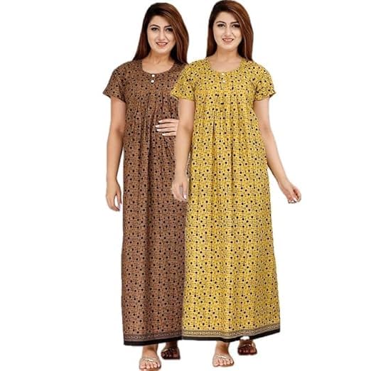 Image of OFEEFAN Cotton Nighty for Women - Pack of 2 Printed Maxi Gowns, Ankle-Length Night Dresses, Soft & Breathable Sleepwear - Free Size