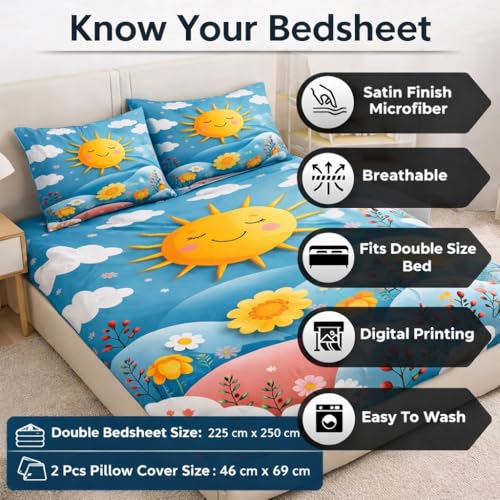 Image of Akshya Premium 300 TC Glace Cotton King Size Bedsheet, 7D Luxury Digital Print Soft Flat Sheet for Double Bed (90x100 inch, Blue Sunflower Cartoon Print
