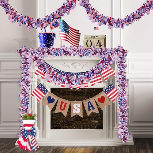 Image of 50FT 4th of July Patriotic Decor Tinsel Garland Decorations, Red White and Blue USA Flag Garlands for Memorial Day Decor Fourth of July Independence Day Indoor Outdoor Yard Home Party Decor Supplies