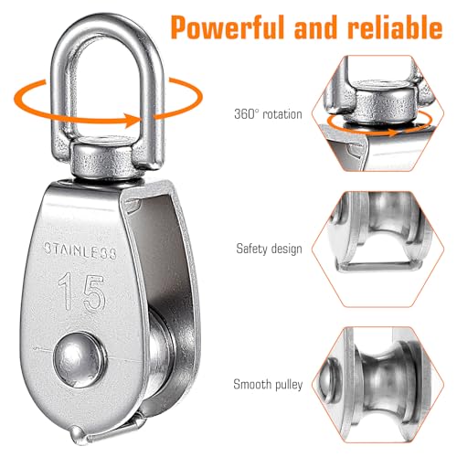 3 Stück Klein Umlenkrolle, M15 Umlenkrollen, 15mm Seilrolle Umlenkrolle, 304 Edelstah Seilrollen, Umlenkrollen für Seile, Fitness mit Kugellager, Riemenscheibe Roller for Seile Bis 6mm Durchmesser