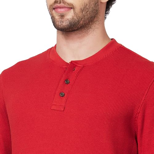 Image of Spykar Henley Neck Full Sleeve Orange Solid T-Shirt for Men