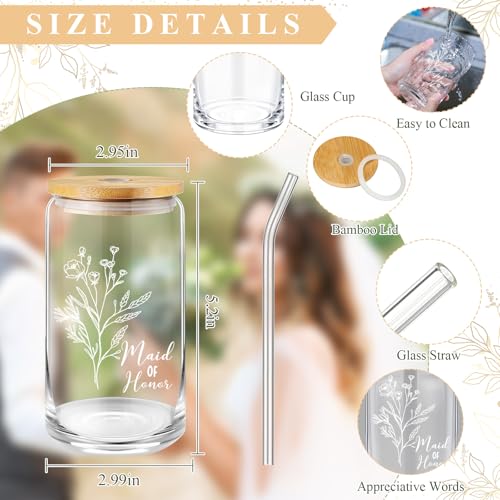 Layhit 16 Oz Can Shaped Drinking Glasses with Bamboo Lids & Glass Straw for Bridesmaids Gifts