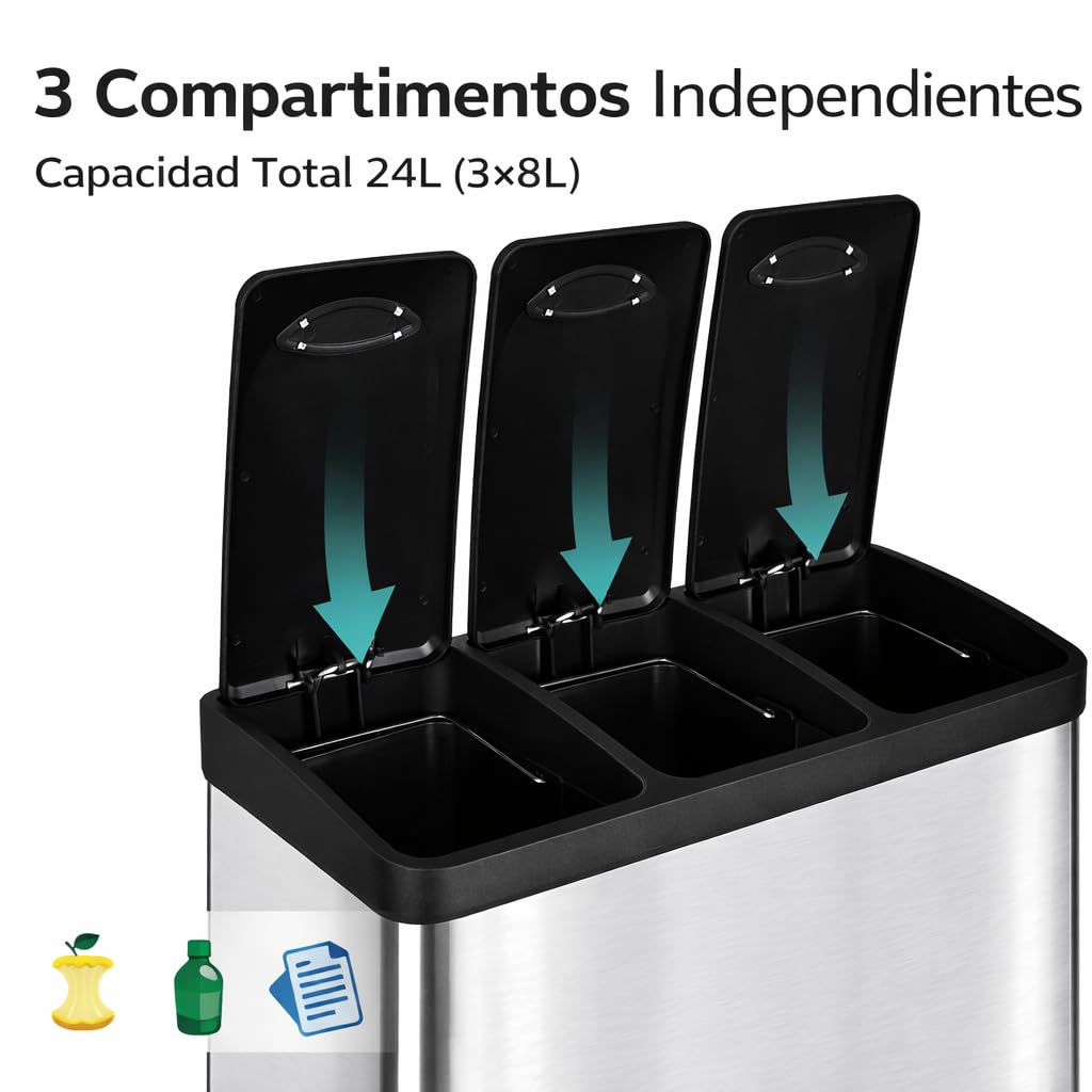 T-LOVENDO.ES Cubo basura o reciclaje 3 de compartimentos Grande | 3 X 8L Total 24 Litros | Contenedores de reciclaje separados por color | Papeleras con pedal | Acero | Gran capacidad