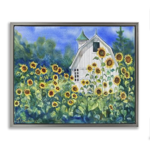 'Tall Sunflowers & Country Barn'| Floating Frame Canvas Art