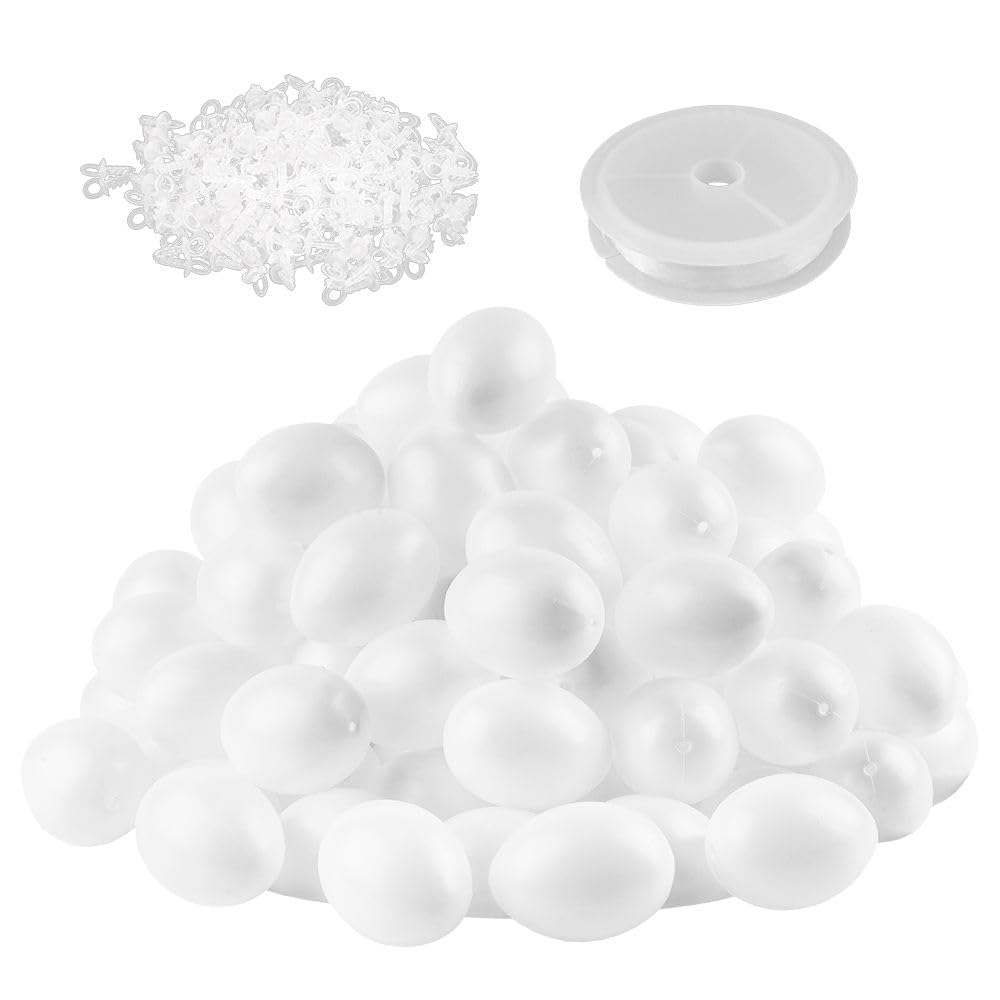 Ideen mit Herz Kunststoff-Eier mit Loch, 6 cm hoch, Ø 4,5 cm, weiß, inkl. Nylonband und Ösen, 100 Stück