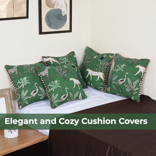 Image of Green Forest Animal Print Quilted Cushion Covers - Pack of 2, 24x24 Inch / 60x60 cm Large Square Throw Pillow Covers for Sofa, Bed & Home Decor