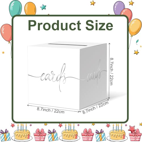 Image of White Card Box with Silver Foil Design, Paperboard 8.7 inch Card Box for Birthday Wedding Party Graduation Retirement Anniversary Valentine's Day & Baby Showers, Raffle or Money Box