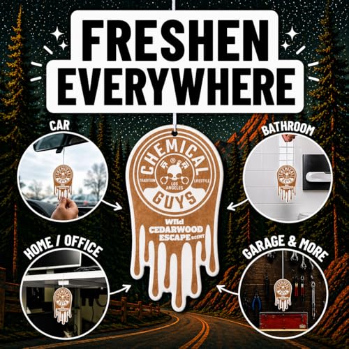 Image of Chemical Guys Hanging Car Air Freshener 12-Pack, Wild Cedarwood Escape Warm, Woody & Earthy Cedarwood Fragrance, Rearview Mirror Paper Fresheners for Cars, Trucks, SUVs & Boats