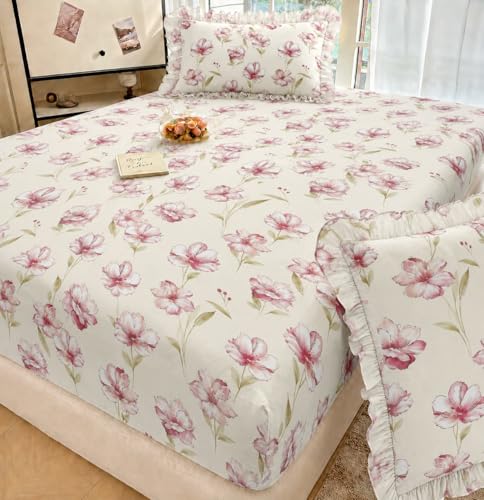 Image of VOMZER King Size (72x78) 300 TC Soft Cotton Feel Microfiber All Around Elastic Fitted Double Bedsheet with 2 Frill Pillow Covers | Rose Pink