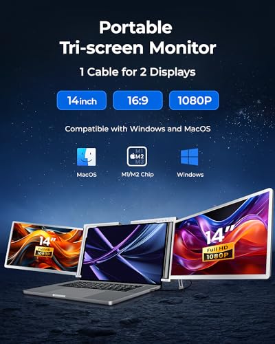 Image of RayCue Triple Laptop Screen Extender,[Only 1 Cable to Connect],14'' FHD 1080P 16:10 USB-C Laptop Screen Extender for Windows MacOS, Plug and Play for 13-17.3'' Type-C /USB-A Laptop