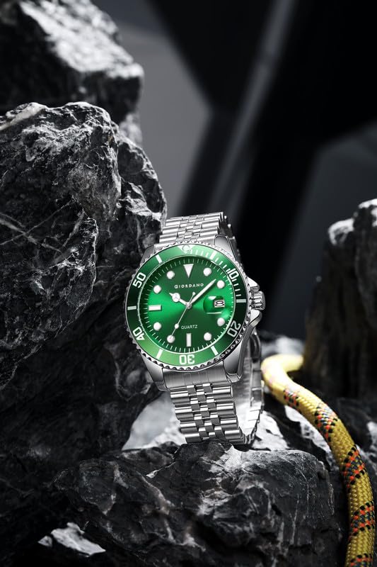 Image of GIORDANO Analog Quartz Watch for Men - Round Dial with Rotating Bezel, Luminous Hour Markers, Stainless Steel Strap & Date Display