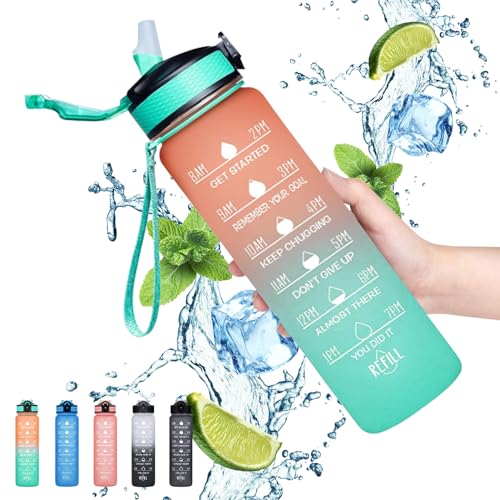 Gaiayhc Sports Water Bottle - 1L Motivational Bottle with Time Marker & Straw, 30oz Leakproof Design for Hiking, Gym, Fitness, Cycling, School & Office