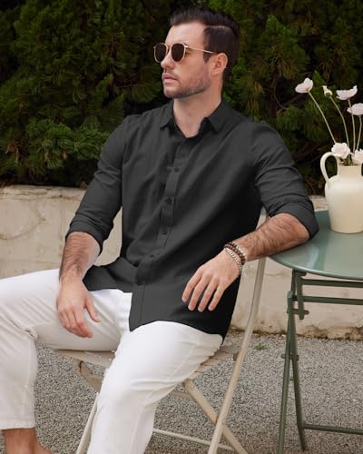 Friptspyg Leinenhemd Herren Hemd Langarm Baumwolle Leinen Hemden Button-Down Freizeithemden Casual Regular Fit Sommerhemd, Schwarz XL 3
