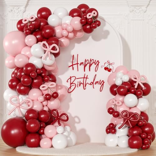 NUTTYBASH Pink and Red Balloon Arch Kit Double Stuffed Dark Red White Pink Balloons and Bows for Retro Baby Shower Coquette Cherry Themed Birthday Wedding Romantic Valentines Party Decorations