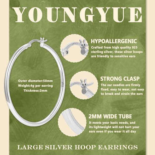 YOUNGYUE 925 Sterling Silver Hoop Earrings for Women Hypoallergenic Oversize 14K Gold Hoops Earrings for Women Thin Gold Plated Hoop earrings Lightweight Large Silver Hoop Earrings 30/40/50/60/70mm2