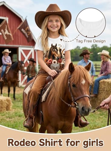 Image of Girls Western Horse T-Shirts - Cute Cowgirl Outfit Kids Short Sleeve Shirts Funny Tops Rodeo Toddler Summer Tee