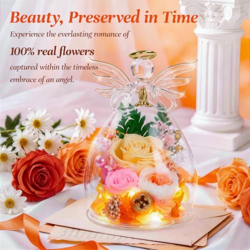Image of encavy Birthday Gifts for Women,Fresh Flowers for Delivery,Preserved Rose Flowers in Angel Figurines,Light Up Champagne Angel Real Rainbow Roses for Mom Grandma Wife Her Girlfriend Anniversary
