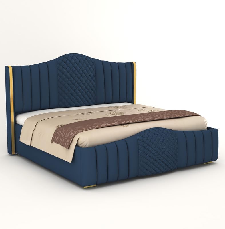 Image of King Size Modern Upholstered Bed with Box Storage For Bedroom | Solid Wood Platform Bed with Premium Fabric Headboard | Storage Double Bed for Master Bedroom & Modern Home Decor | Navy Blue