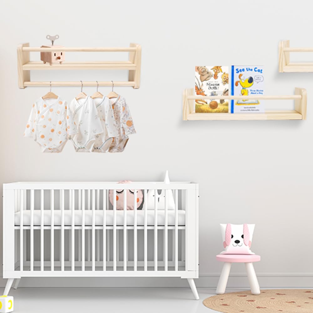 3 Piezas 40cm Estantes Flotantes para Guardería Estanteria Libros con Barra Protectora Flotantes Baldas Pared Madera Pino Madera Estantes Organizadores de Libros für Libros de Cuentos,Revista