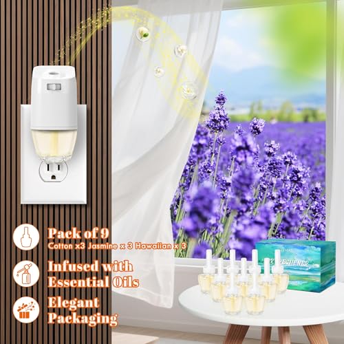 Image of Plug In Air Freshener Starter Kit - Lavender, Vanilla, Linen Scent for Home, Bathroom and Office, 1 Warmer and 9 Essential Oil Refills, Compatible with Air Wick & Glade, Not Include Glade Plus | Spruce, Caramel, Espresso & Raspberry Cinnamon Scents - Compatible with Air Wick & Glade Glade Plus