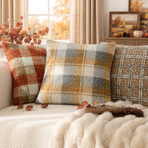 Image of Foindtower Pack of 2 Soft Faux Fur Boucle Throw Decorative Pillow Covers Fuzzy Accent Check Cushion Sherpa Boho Farmhouse Pillowcase for Couch Sofa Bed Living Room Home Decor 20x20 Inch,Amber and Blue