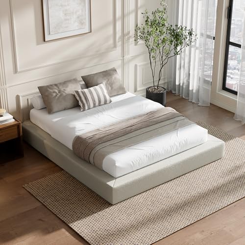 Image of RECCI AirFrame Bed Frame, Cloud Upholstered Platform Bed Frame, 5 Inch Fully Boxy Foam Cushioned, Square Shape Base, No Box Spring Needed, Easy Assembly, Soft Low-Profile (Cream Boucle, Queen)