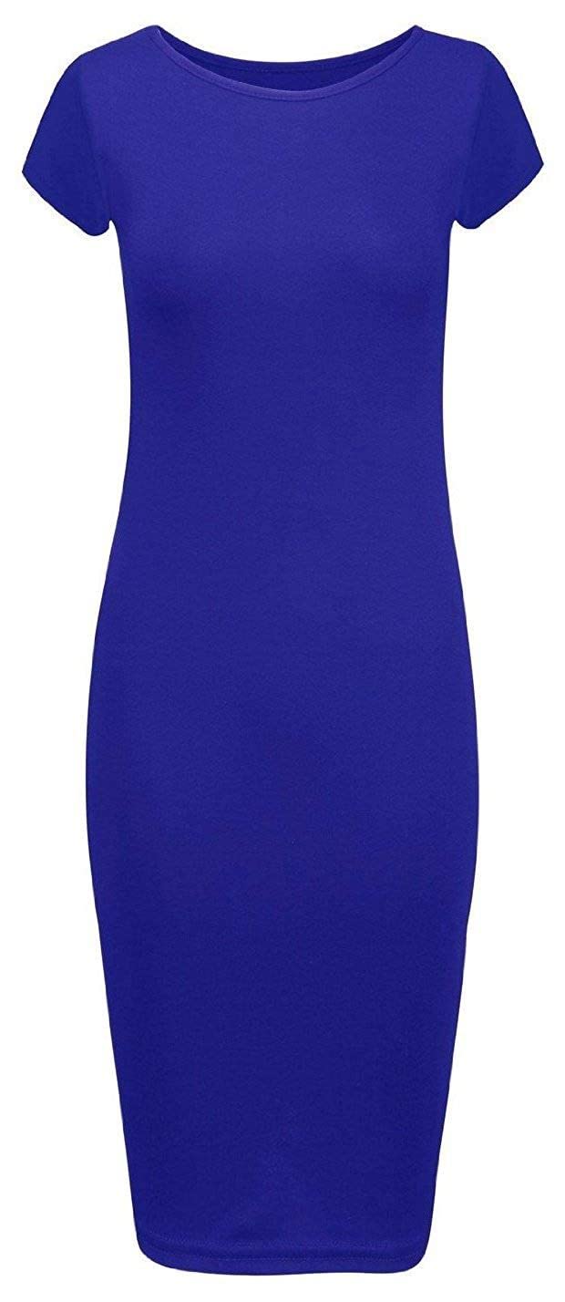 Crazy Girls Womens Cap Sleeve Stretch Bodycon Wiggle Pencil Long Midi Dress 8-22 (S/M-UK8/10, Royal Blue Plain)