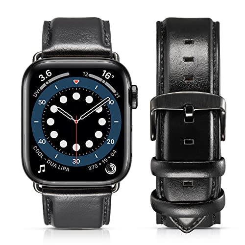 Compatible with Apple Watch Band 45mm 44mm 42mm for iWatch Bands Series 7 6 SE 5 4 3 2 1, MAPUCE Genuine Leather Band Replacement Strap Wristband for Men, Quick and Easy Install (Black)