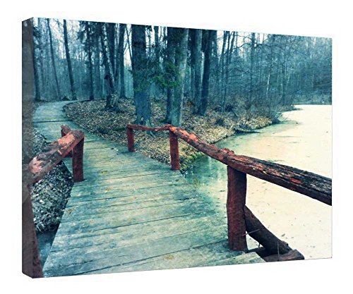 Toile pont dans la forêt décoration murale cadre bois 40x50