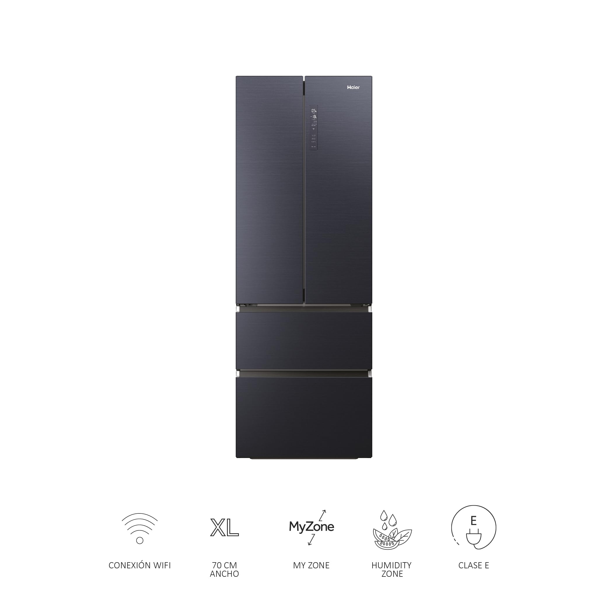 Haier FD 70 Series 7 HFW7720ENMB - Frigorífico Puerta Francesa, Cajones Direct Access, Conexión WIFI, Motor Inverter, My Zone, Cajón Humidity Zone, Total No Frost, Ancho 70cm, Alto 2m, 479L, Negro