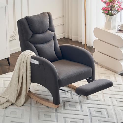 Image of Rocking Chair Nursery, Modern Glider Chair with Adjustable Footrest and Solid Wood Legs, High Backrest Nursery Chair with Side Pocket, Rocker Armchair for Living Room Bedroom, Cotton Linen Dark Gray