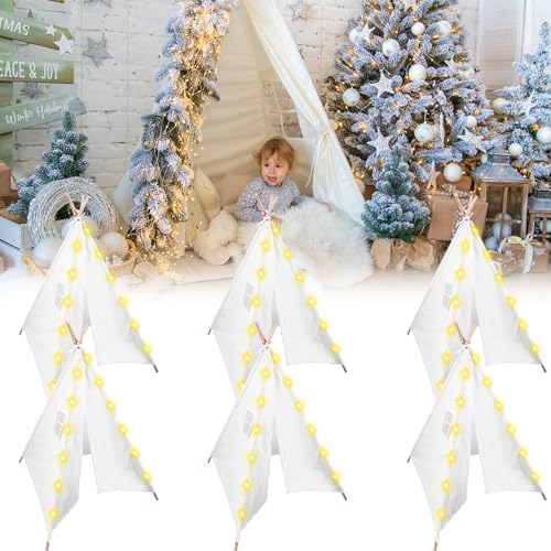 MBJZSL 6 Packs Teepee Tent for Kids with 10ft String Lights, Indoor Play Teepee Tent for Girls & Boys, Foldable Tents for Birthday Party Boho Sleepovers Party Pajama Party (White)