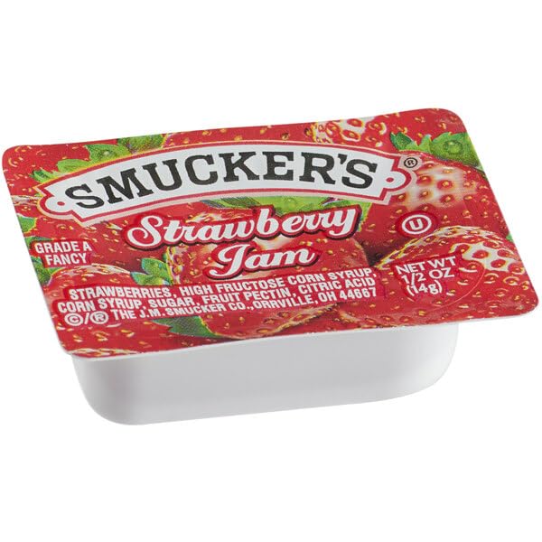 Smuckers - 50 paquetes de mermelada de gelatina de fruta de fresa, 0.50 onzas cada paquete (empaquetado en una caja con 10 cuchillos de plástico de